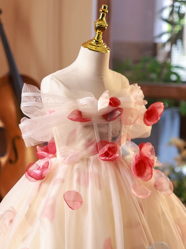 Elegant Champagne Appliques Birthday Flower Girl Dresses 2023 Ball Gown Off-The-Shoulder Short Sleeve Backless Floor-Length / Long