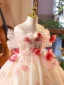 Elegant Champagne Appliques Birthday Flower Girl Dresses 2023 Ball Gown Off-The-Shoulder Short Sleeve Backless Floor-Length / Long