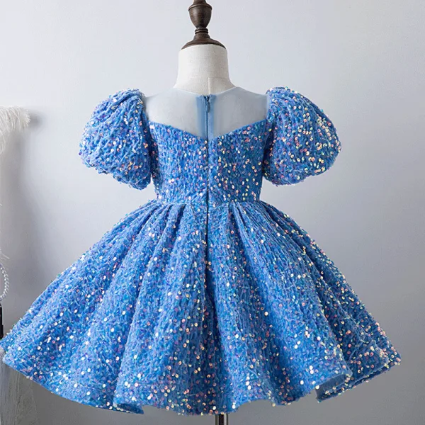 Sparkly Pool Blue Sequins Prom Flower Girl Dresses 2022 Ball Gown Scoop Neck Short Sleeve Short Flower Girl Dresses