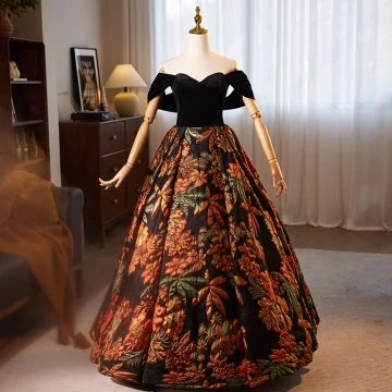 Vintage Schwarz Drucken Ballkleider 2024 Ballkleid Off Shoulder Ärmellos Rückenfreies Lange Ball Festliche Kleider