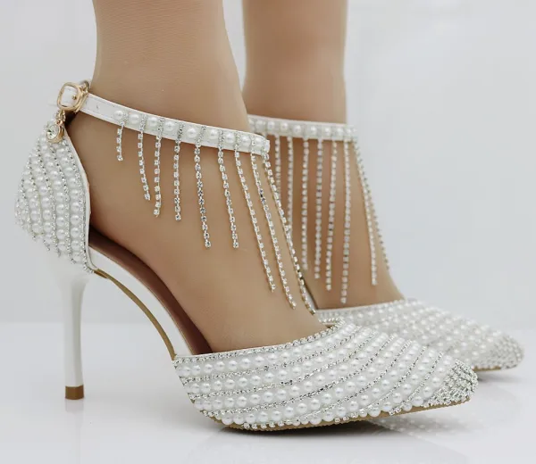 Charming Gold Pearl Rhinestone Wedding Shoes 2023 Ankle Strap 9 cm Stiletto Heels Pointed Toe Wedding High Heels