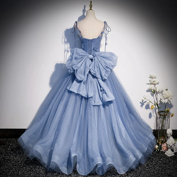 Chic / Beautiful Sky Blue Appliques Prom Dresses 2022 A-Line / Princess Spaghetti Straps Sleeveless Backless Floor-Length / Long Prom Formal Dresses