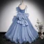 Chic / Beautiful Sky Blue Appliques Prom Dresses 2022 A-Line / Princess Spaghetti Straps Sleeveless Backless Floor-Length / Long Prom Formal Dresses
