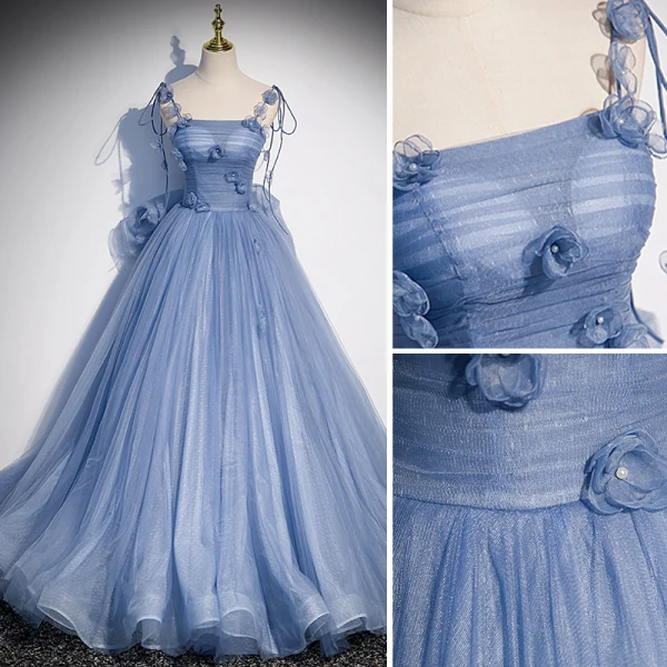 Chic / Beautiful Sky Blue Appliques Prom Dresses 2022 A-Line / Princess Spaghetti Straps Sleeveless Backless Floor-Length / Long Prom Formal Dresses