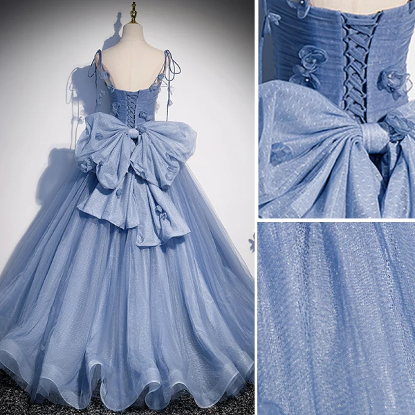 Chic / Beautiful Sky Blue Appliques Prom Dresses 2022 A-Line / Princess Spaghetti Straps Sleeveless Backless Floor-Length / Long Prom Formal Dresses