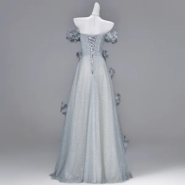 Charmant Gris Perlage Appliques Paillettes Robe De Soirée 2026 Princesse De l'épaule Manches Courtes Dos Nu Longue Robe De Ceremonie