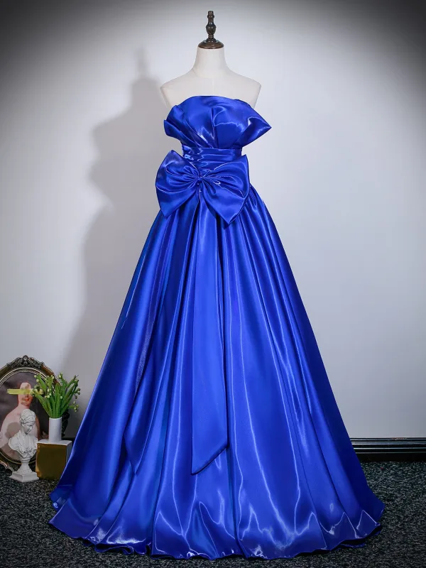 Vintage / Retro Royal Blue Bow Prom Dresses 2026 Ball Gown Strapless Sleeveless Backless Floor-Length / Long Formal Dresses