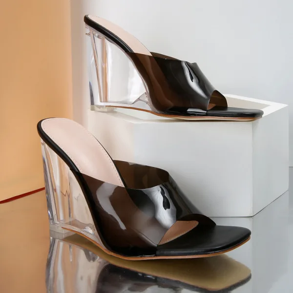 Transparent Summer Orange Cocktail Party Womens Sandals 2022 9 cm Crystal Wedges Open / Peep Toe Sandals High Heels