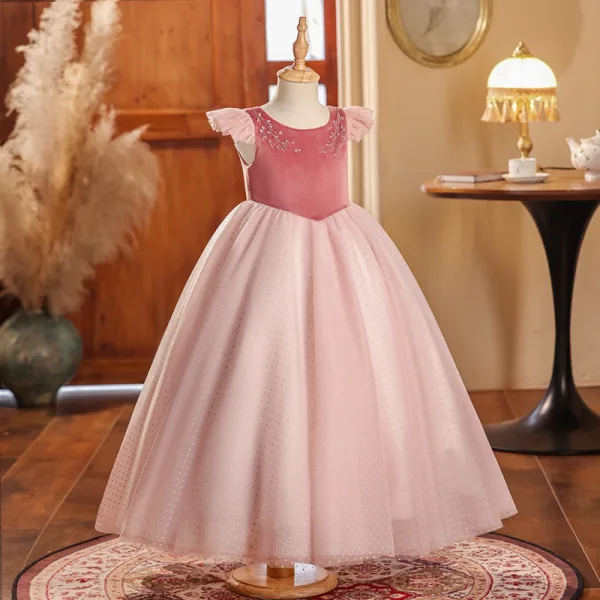 Modest / Simple Blushing Pink Beading Birthday Flower Girl Dresses 2024 Ball Gown Scoop Neck Cap Sleeves Floor-Length / Long Tulle