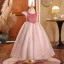 Modest / Simple Blushing Pink Beading Birthday Flower Girl Dresses 2024 Ball Gown Scoop Neck Cap Sleeves Floor-Length / Long Tulle