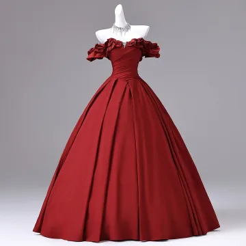 Simple Bordeaux Faux Diamant Robe De Bal 2026 Robe Boule Volants De L Épaule Manches Courtes Dos Nu Longue Robe De Ceremonie