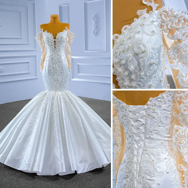 High-end White Pearl Lace Flower Wedding Dresses 2022 Ball Gown Off-The-Shoulder Long Sleeve Backless Floor-Length / Long Wedding