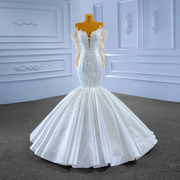 High-end White Pearl Lace Flower Wedding Dresses 2022 Ball Gown Off-The-Shoulder Long Sleeve Backless Floor-Length / Long Wedding