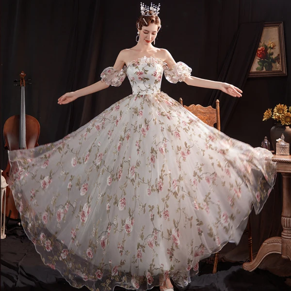 Flower Fairy White Floral Prom Dresses 2023 A-Line / Princess Off-The-Shoulder Short Sleeve Backless Floor-Length / Long Prom Formal Dresses