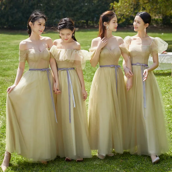 Simple Vert Cendré Robe Demoiselle D'honneur 2022 Princesse Demoiselle D'honneur De l'épaule Manches Courtes Dos Nu Noeud Ceinture Longue Robe Pour Mariage