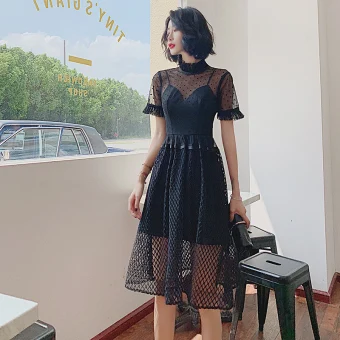 Chic Beautiful Black Spotted Pierced Party Dresses Cocktail Party 2022 A Line Princess High Neck Short Sleeve Floor Length Long Formal Dresses