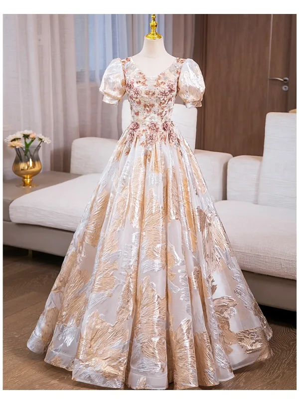 Elegant Gold Sequins Rhinestone Prom Dresses 2024 Ball Gown V-Neck Short Sleeve Backless Floor-Length / Long Prom Formal Dresses