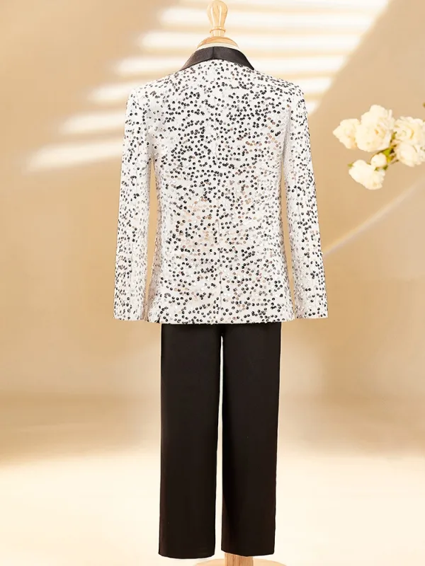 Blanche Tomber Hiver Paillettes 6 pièces Costume Garçon Mariage 2025 Manches Longues Bijoux De Corps Manteau Pantalon Chemise Cravate Gilet