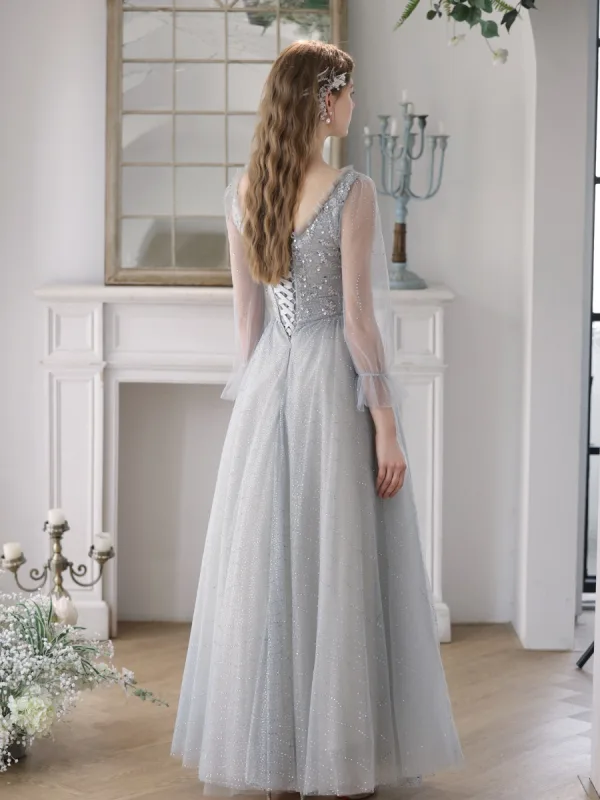 silver grey long sleeve prom dress High Couture NR2226 Prom Long Sleeve Formal A Line Ball Gown