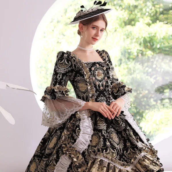 Medieval Vintage / Retro Gothic Black Printing Prom Dresses 2022 Ball Gown Square Neckline Bell sleeves Backless Floor-Length / Long Formal Dresses