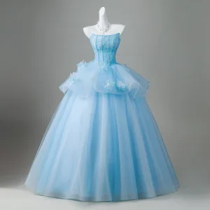 Elegant Sky Blue Appliques Beading Prom Dresses 2026 Ball Gown Strapless Sleeveless Backless Floor Length Long Prom Formal Dresses