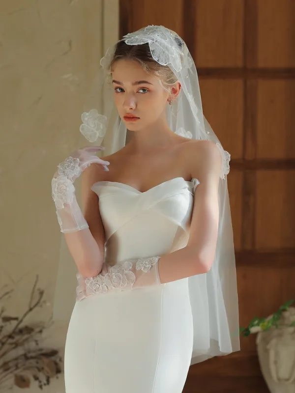 Élégant Blanche En Dentelle Fleur Voile De Mariée Gants Mariage Voile De Mariée 2025 Tulle