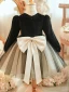 Chic / Beautiful Black Beading Sequins Bow Birthday Flower Girl Dresses 2023 Ball Gown Scoop Neck Long Sleeve Short
