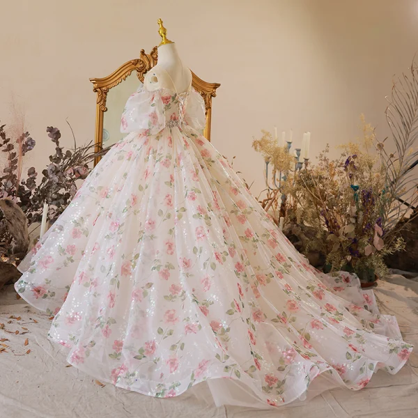 Chic / Beautiful White Floral Prom Flower Girl Dresses 2022 Ball Gown Scoop Neck Pearl Rhinestone Puffy Short Sleeve Backless Court Train Flower Girl Dresses