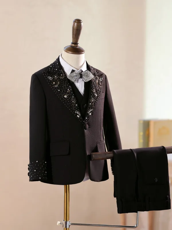 Fashion Black Beading Rhinestone 5-piece Long Sleeve Boys Wedding Suits 2025 Coat Pants Shirt Tie Vest