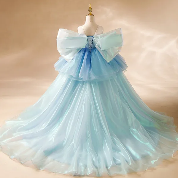 Elegant Sky Blue Beading Pearl Sequins Birthday Flower Girl Dresses 2024 Ball Gown Scoop Neck Puffy Short Sleeve Backless Sweep Train Tulle