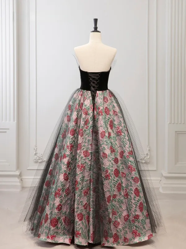 Chic / Beautiful Black Printing Prom Dresses 2026 A-Line / Princess Strapless Sleeveless Backless Floor-Length / Long Formal Dresses