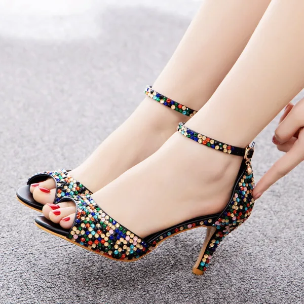 Schöne Multifarben Strass Abend Schwarz Sandalen Damen 2025 7 cm Stilettos Peeptoes Sandaletten Hochhackige
