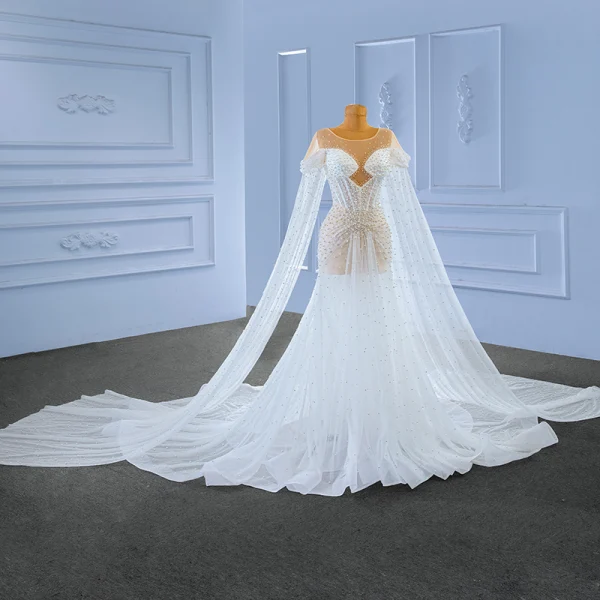 Elegant High-end White Beading Pearl Wedding Dresses 2023 Trumpet / Mermaid Scoop Neck Short Sleeve Royal Train Wedding