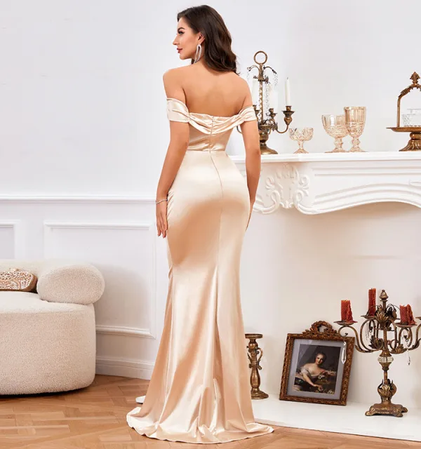 Sexy Beige Gespaltete Front Abendkleider 2022 Meerjungfrau Off Shoulder Ärmellos Sweep / Pinsel Zug Abend Festliche Kleider