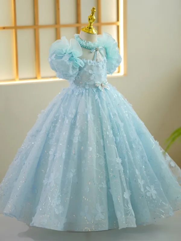 Chic / Beautiful Sky Blue Pearl Tassel Sequins Appliques Birthday Flower Girl Dresses 2023 Ball Gown High Neck Puffy Short Sleeve Backless Floor-Length / Long