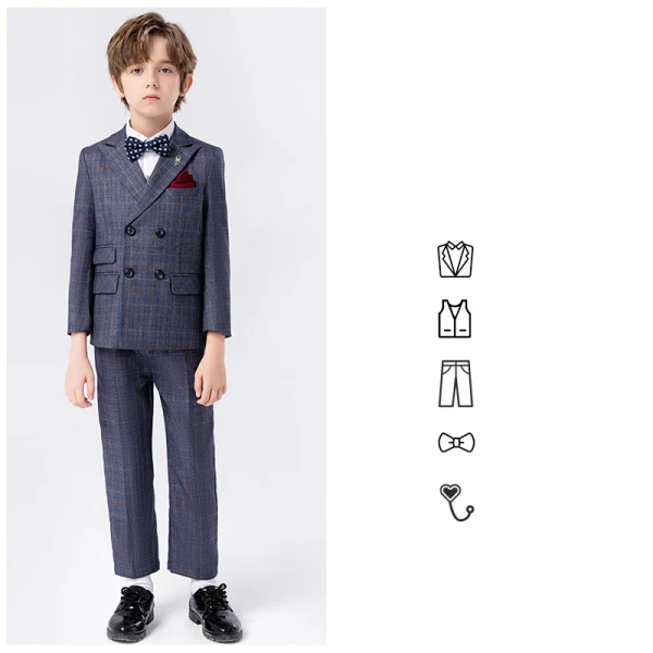 Fashion Brown 5-piece Long Sleeve Boys Wedding Suits 2024 Body Jewellery Coat Pants Tie Vest