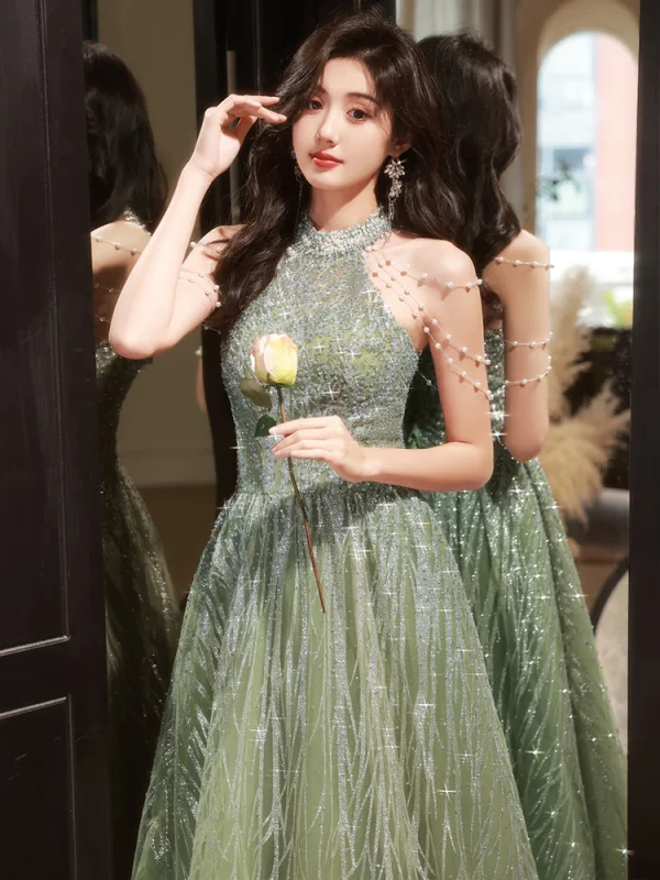 Fashion Sage Green Beading Pearl Sequins Prom Dresses 2024 A-Line / Princess High Neck Sleeveless Floor-Length / Long Prom Formal Dresses