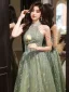 Fashion Sage Green Beading Pearl Sequins Prom Dresses 2024 A-Line / Princess High Neck Sleeveless Floor-Length / Long Prom Formal Dresses