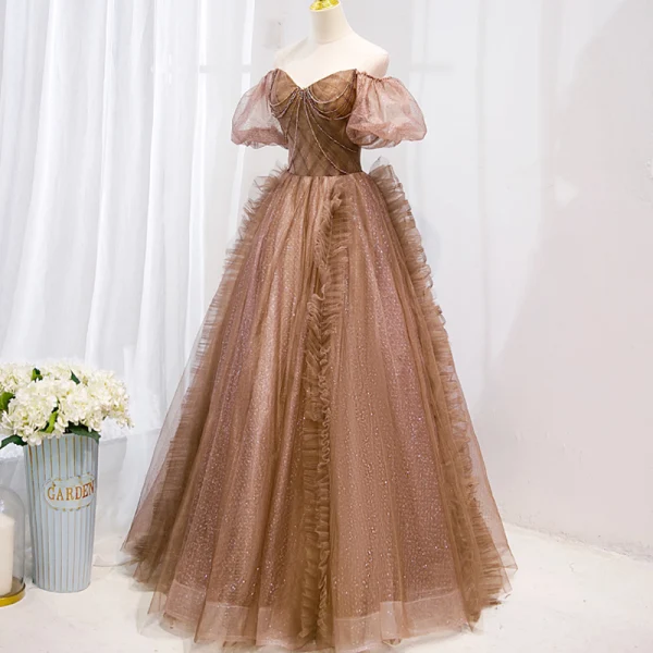 Chic / Beautiful Coffee Sequins Puffy Prom Dresses 2022 A-Line / Princess Off-The-Shoulder Beading Tassel Short Sleeve Backless Floor-Length / Long Prom Formal Dresses
