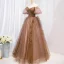Chic / Beautiful Coffee Sequins Puffy Prom Dresses 2022 A-Line / Princess Off-The-Shoulder Beading Tassel Short Sleeve Backless Floor-Length / Long Prom Formal Dresses