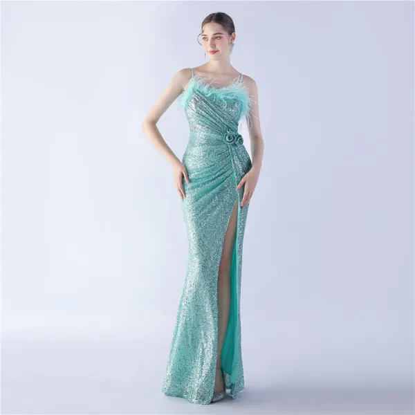 Charmant Bleu Marine Paillettes Fendue devant Robe De Soirée 2024 Trompette / Sirène Bretelles Spaghetti Gland Sans Manches Dos Nu Longue Soirée Robe De Ceremonie