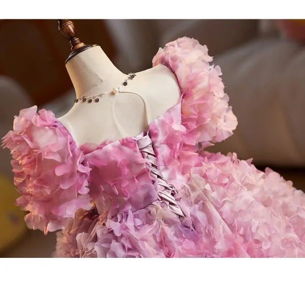 Flower Fairy Candy Pink Appliques Rhinestone Birthday Flower Girl Dresses 2025 Ball Gown Square Neckline Short Sleeve Backless Floor-Length / Long