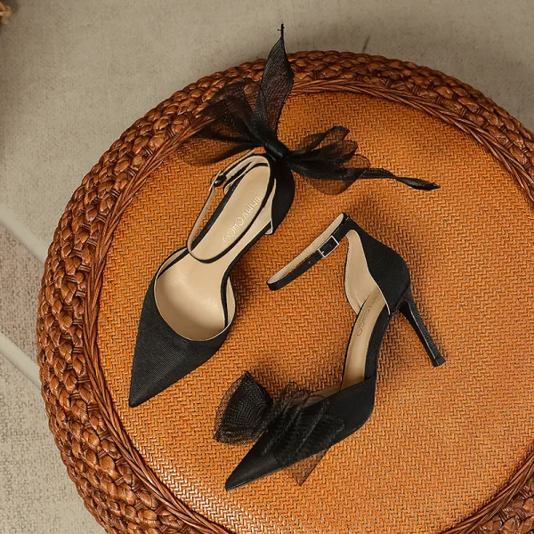 Sexy Black Bow Evening Party Womens Shoes 2023 Ankle Strap 8 cm Stiletto Heels Pointed Toe Womens Shoes High Heels