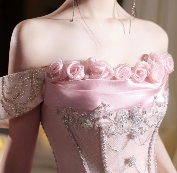 High End Glitzernden Rosa Strass Pailletten Schmetterling Ballkleider 2026 A Linie Off Shoulder Ärmellos Rückenfreies Schleife Lange Festliche Kleider