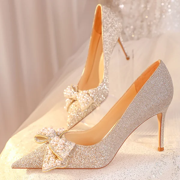 Charming Bling Bling Gold Pearl Sequins Rhinestone Wedding Shoes 2023 Leather 8 cm Stiletto Heels Pointed Toe Wedding Pumps High Heels