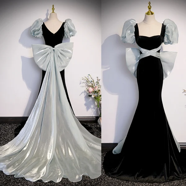 Fashion Black Suede Prom Dresses 2023 Trumpet / Mermaid Square Neckline Puffy Short Sleeve Backless Bow Sweep Train Prom Formal Dresses