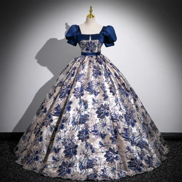 Vintage Retro Ocean Blue Printing Prom Dresses 2023 Ball Gown Square Neckline Puffy Short Sleeve Backless Bow Sash Floor Length Long Prom Formal Dresses