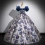 Vintage / Retro Ocean Blue Printing Prom Dresses 2023 Ball Gown Square Neckline Puffy Short Sleeve Backless Bow Sash Floor-Length / Long Prom Formal Dresses