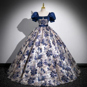 Vintage Meeresblau Drucken Ballkleider 2023 Ballkleid Eckiger Ausschnitt Geschwollenes Kurze Ärmel Rückenfreies Schleife Stoffgürtel Lange Ball Festliche Kleider