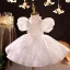 Charming White Beading Sequins Rhinestone Lace Flower Prom Flower Girl Dresses 2022 Ball Gown High Neck Puffy Short Sleeve Floor-Length / Long Flower Girl Dresses